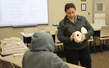 Photo of professor teaching parts of  a skull to a student